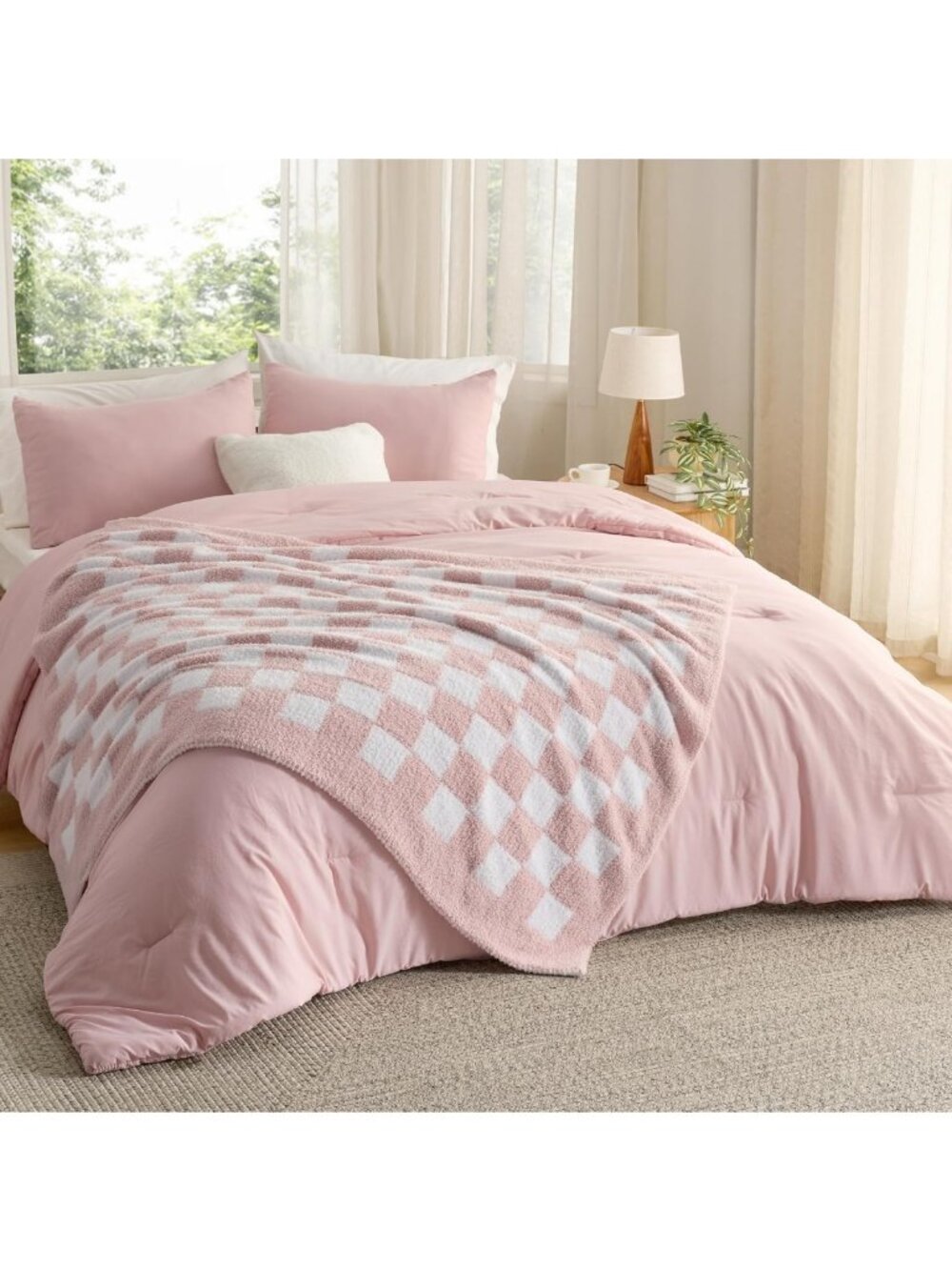 Cozy Twin Comforter Set with Checkered Throw Blanket - Soft, Lightweight